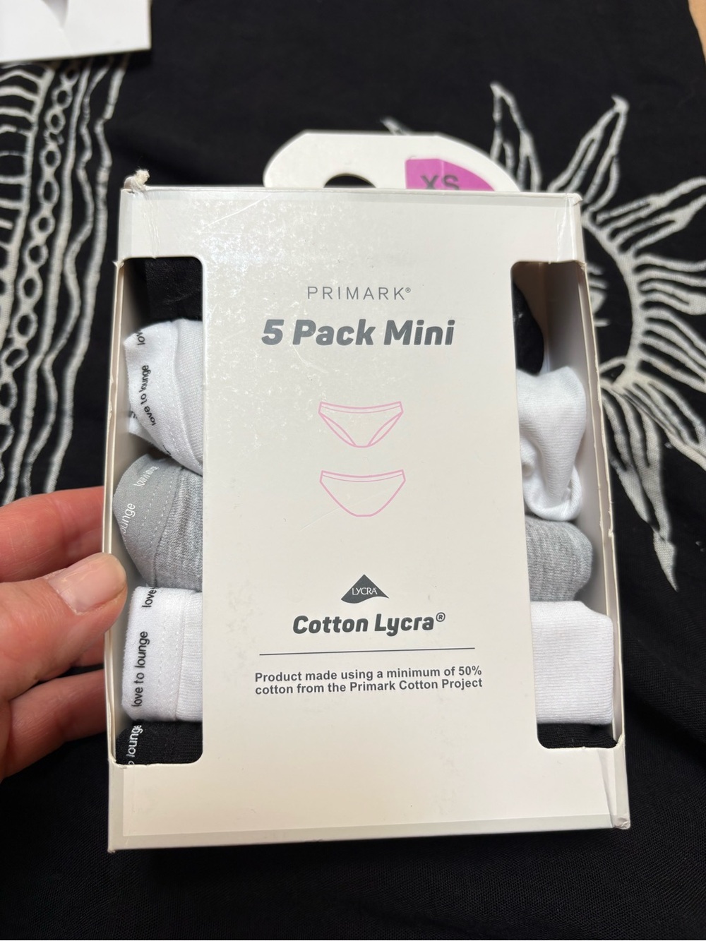 NEW Primark 5-Pack Mini Cotton Lycra Briefs — Black, White & Gray